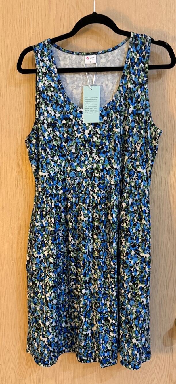 NWT Wiholl Blue Floral Sleeveless A-Line Midi Dress Pockets Women’s Large